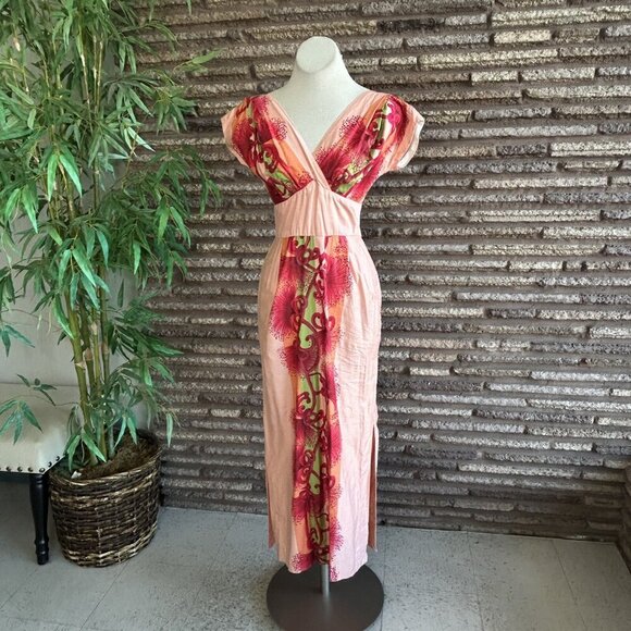 Vintage 60s Hawaiian Togs Peach Floral Tiki Hostess Maxi Empire Waist Dress - Picture 8 of 10